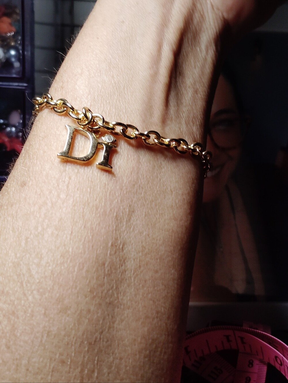 Gold Tone DI Letter Charm Bracelet Clear Rhinestone Accent